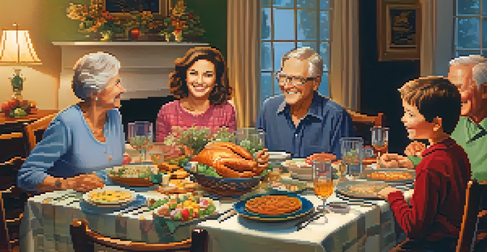 A family enjoying dinner together, with grandparents telling stories to their grandchildren around a beautifully set table.