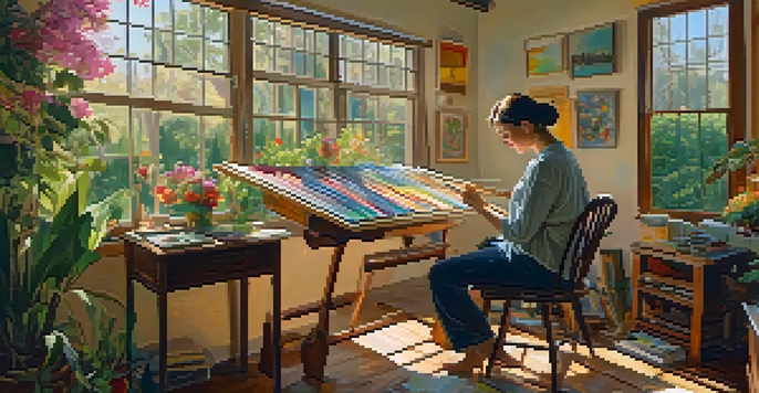 An artist working in a bright studio filled with colors, surrounded by paint supplies and a view of a garden outside.