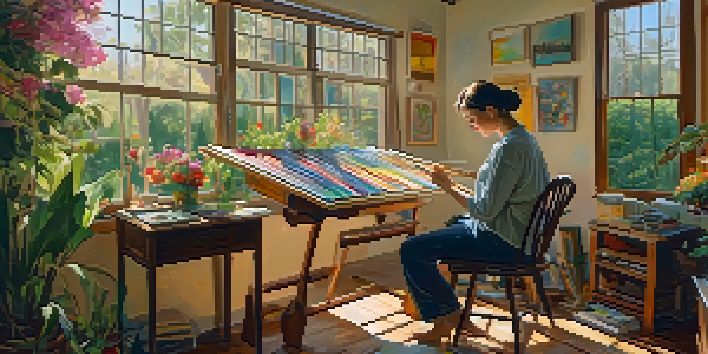 An artist working in a bright studio filled with colors, surrounded by paint supplies and a view of a garden outside.