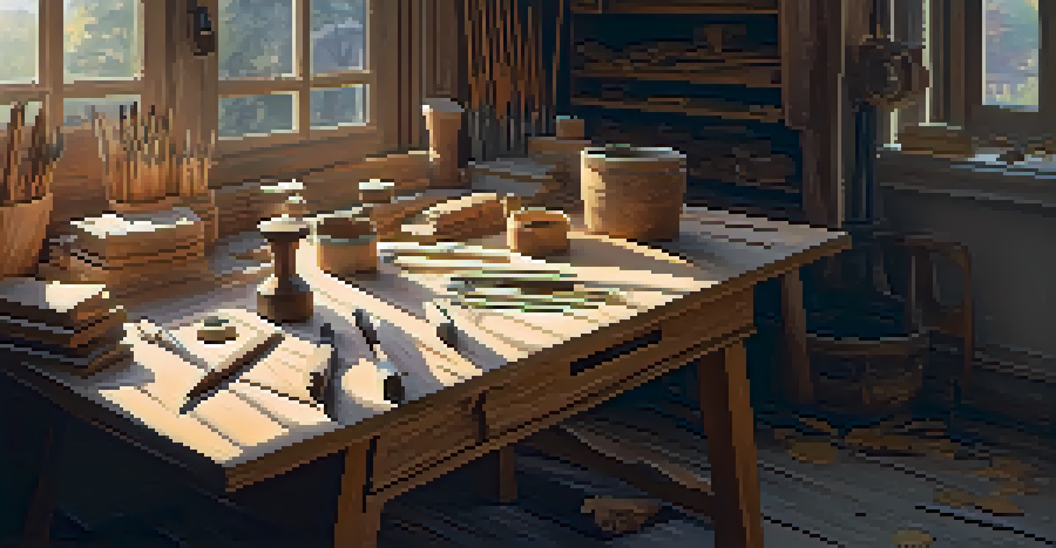 A cozy indoor workspace with carving tools, wood pieces, and sunlight streaming through a window.