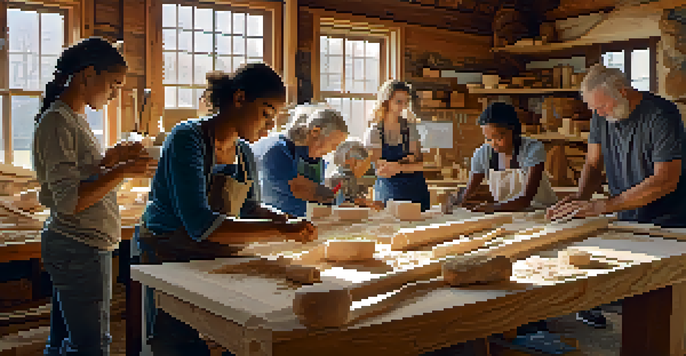 A diverse group of people participating in a community carving workshop, surrounded by tools and materials, with natural light illuminating the scene.