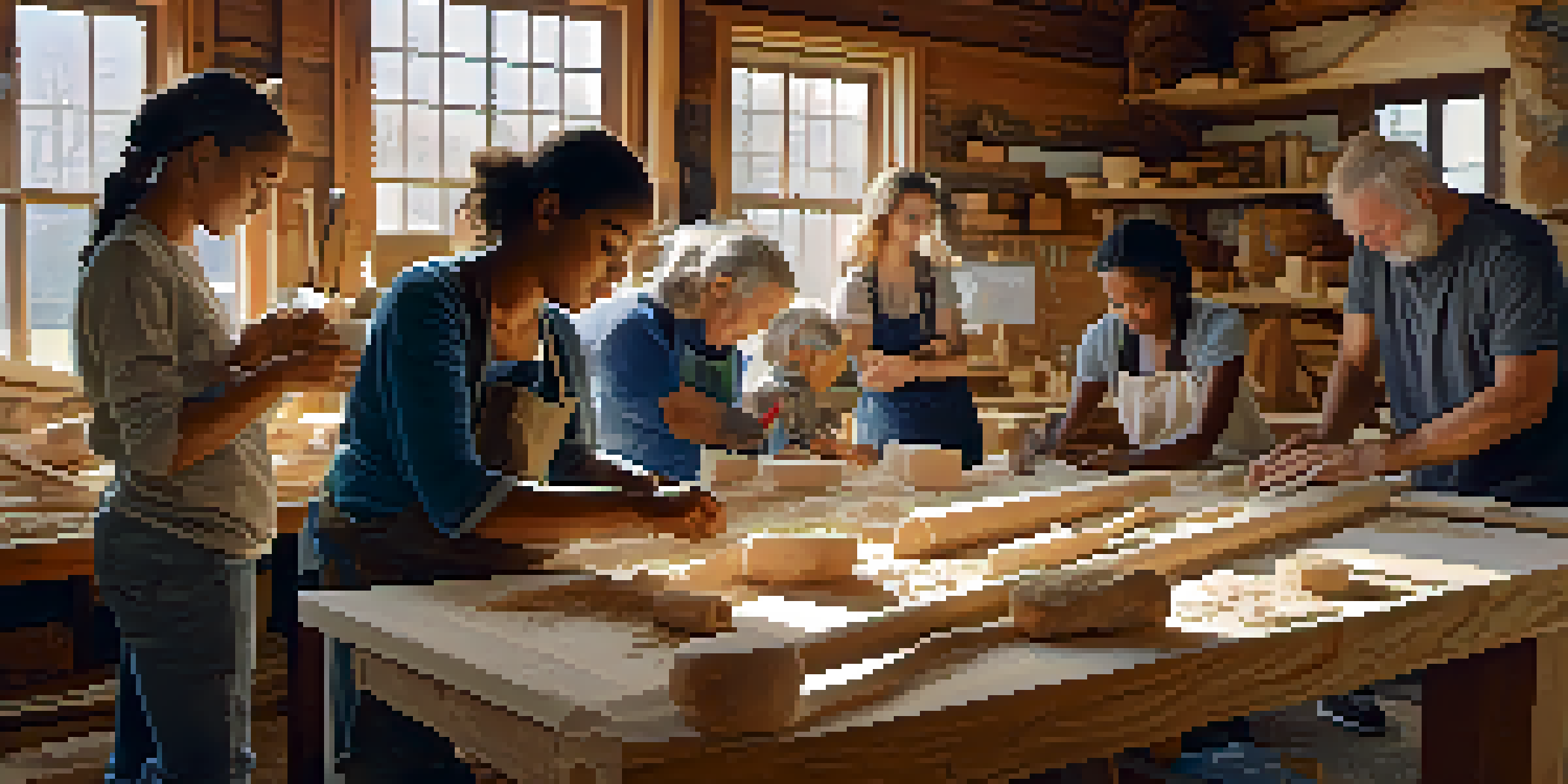 A diverse group of people participating in a community carving workshop, surrounded by tools and materials, with natural light illuminating the scene.