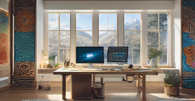 A digital artist at a workstation with wood carvings and software on the screen, blending traditional and digital techniques.