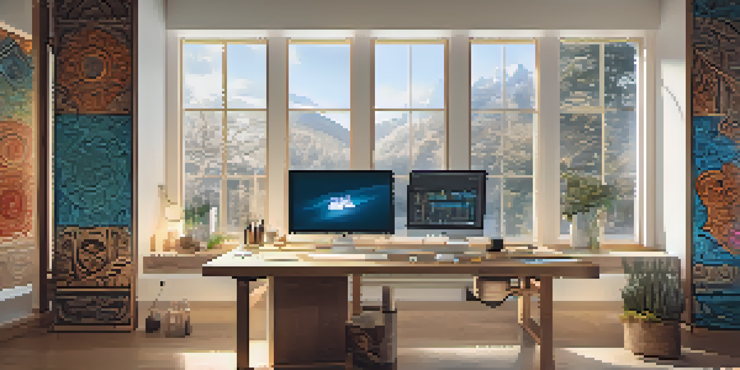A digital artist at a workstation with wood carvings and software on the screen, blending traditional and digital techniques.