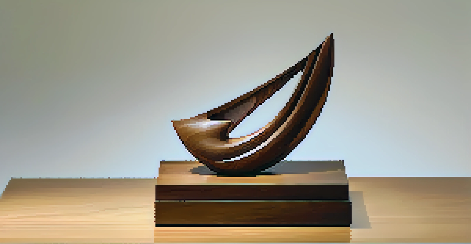 A polished wooden sculpture on a pedestal, highlighting intricate details and smooth textures.