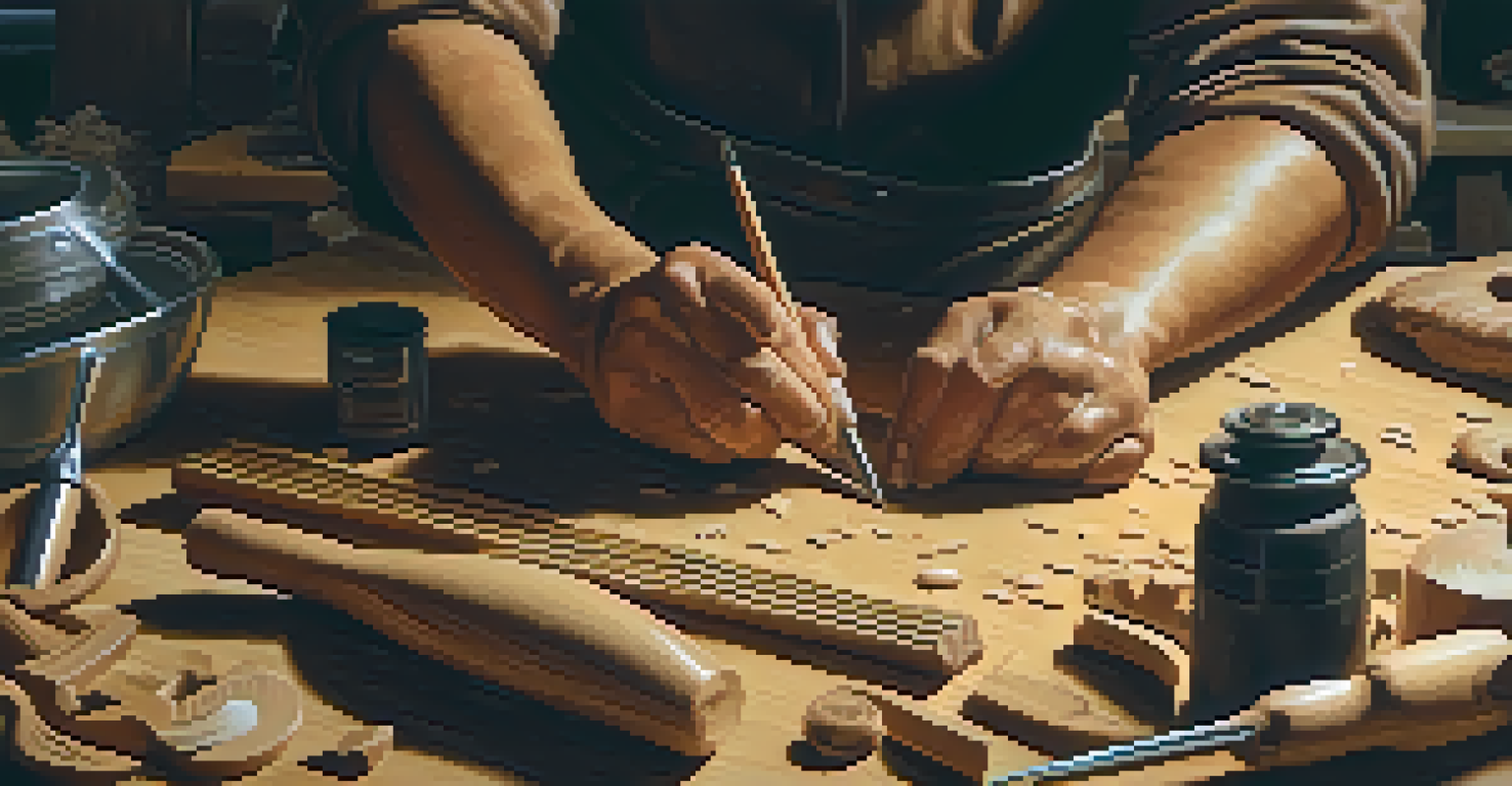 Close-up of hands carving a wooden figure in a cozy workshop filled with tools and wood shavings.
