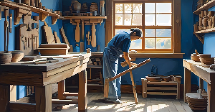 An artist working in a well-lit workshop, carving a wooden sculpture with tools around and a basin of water nearby.