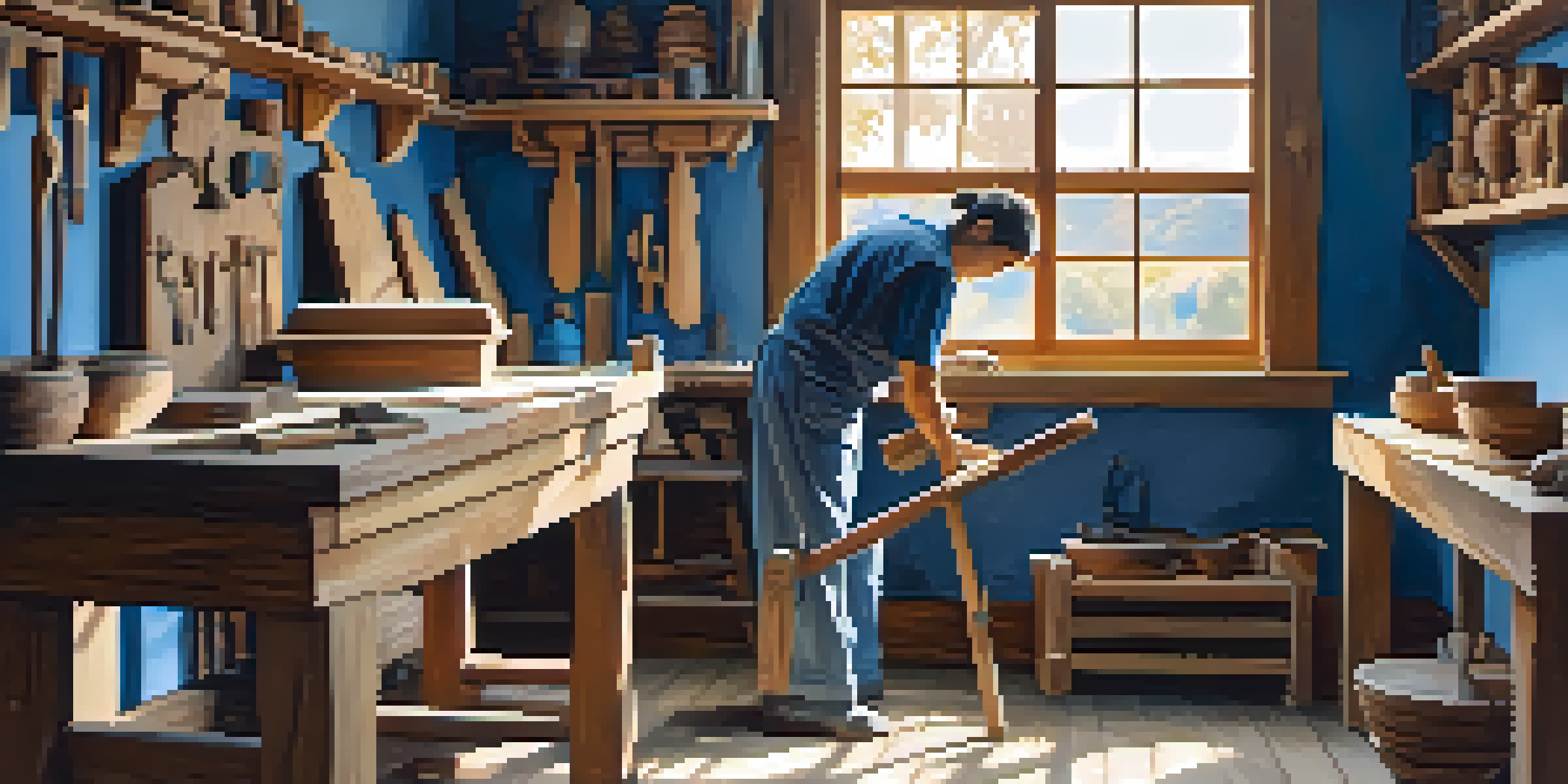 An artist working in a well-lit workshop, carving a wooden sculpture with tools around and a basin of water nearby.