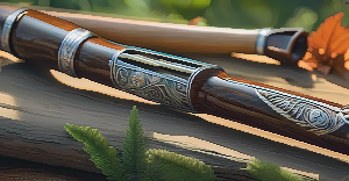 A close-up view of a Native American flute with detailed carvings, set against a natural landscape with sunlight filtering through trees.