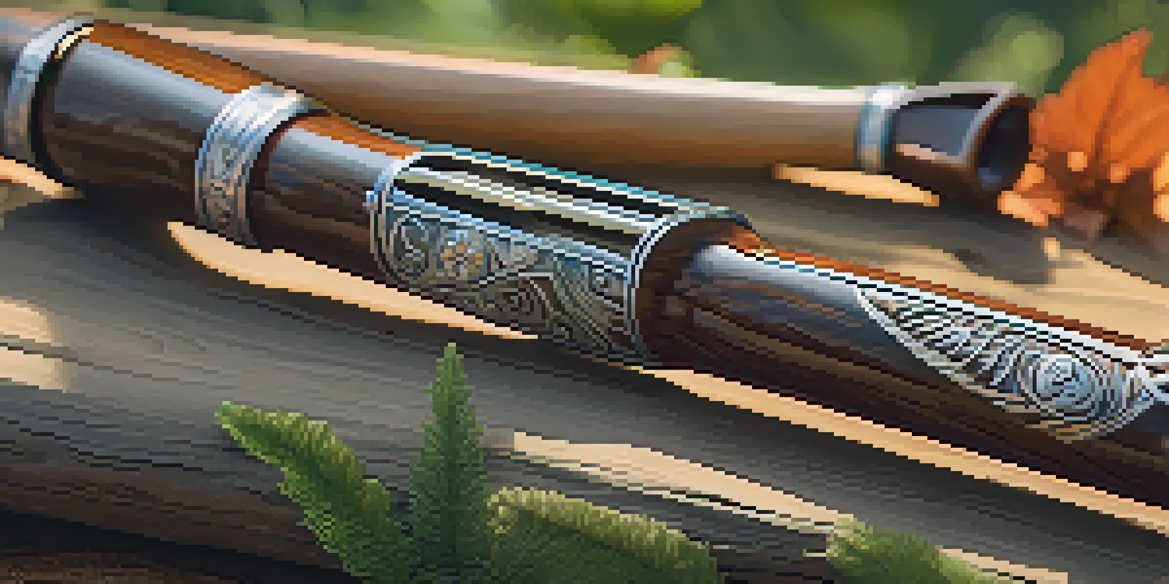 A close-up view of a Native American flute with detailed carvings, set against a natural landscape with sunlight filtering through trees.