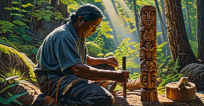 An Indigenous artisan carving a wooden totem pole in a forest, with tools and vibrant flora around them.