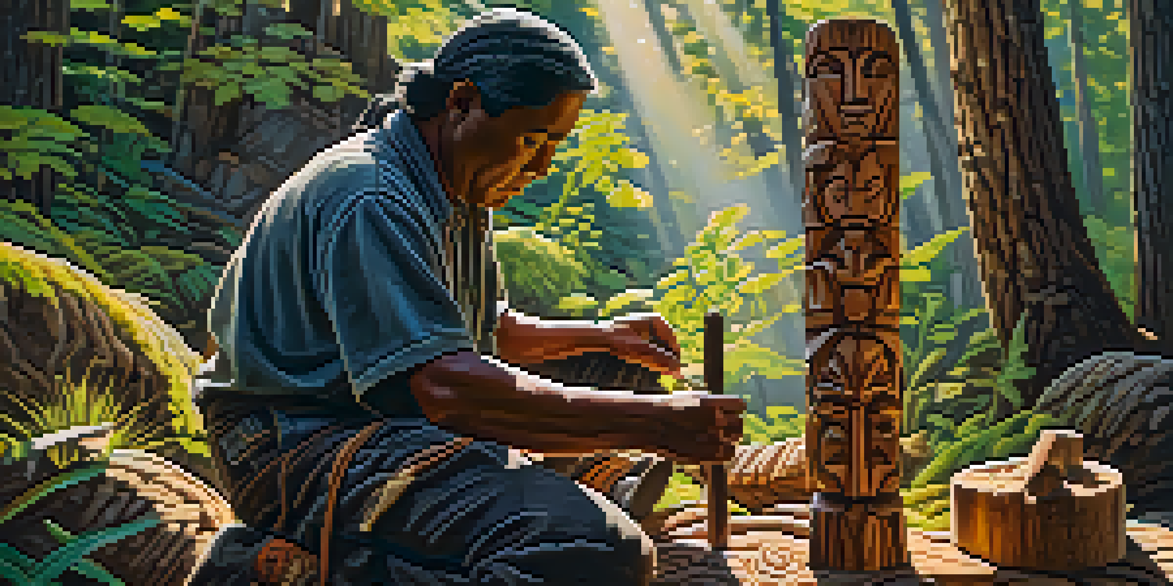An Indigenous artisan carving a wooden totem pole in a forest, with tools and vibrant flora around them.