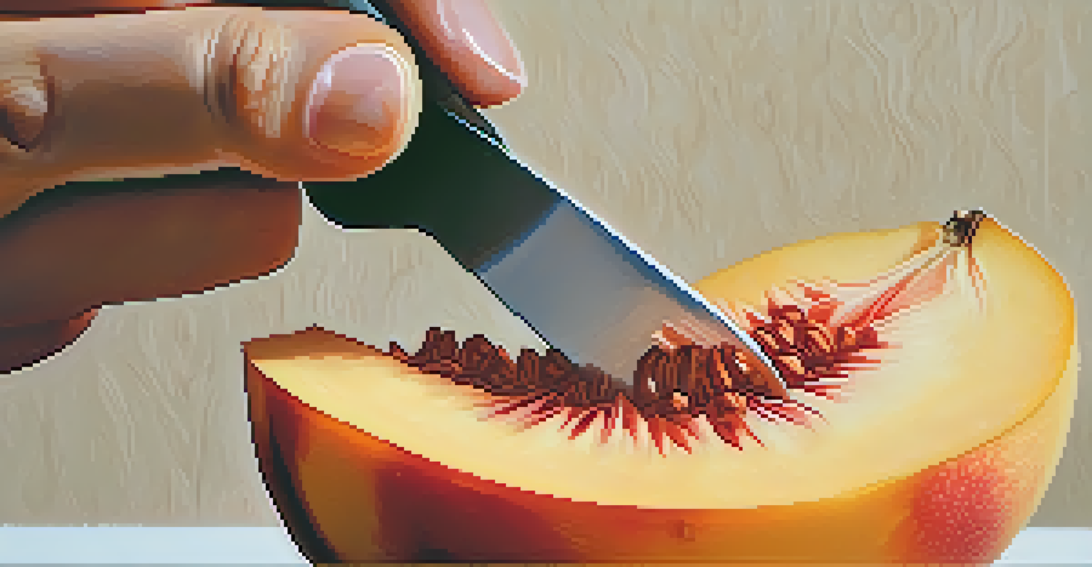 A close-up of a hand carving patterns into a peach with a sharp knife.