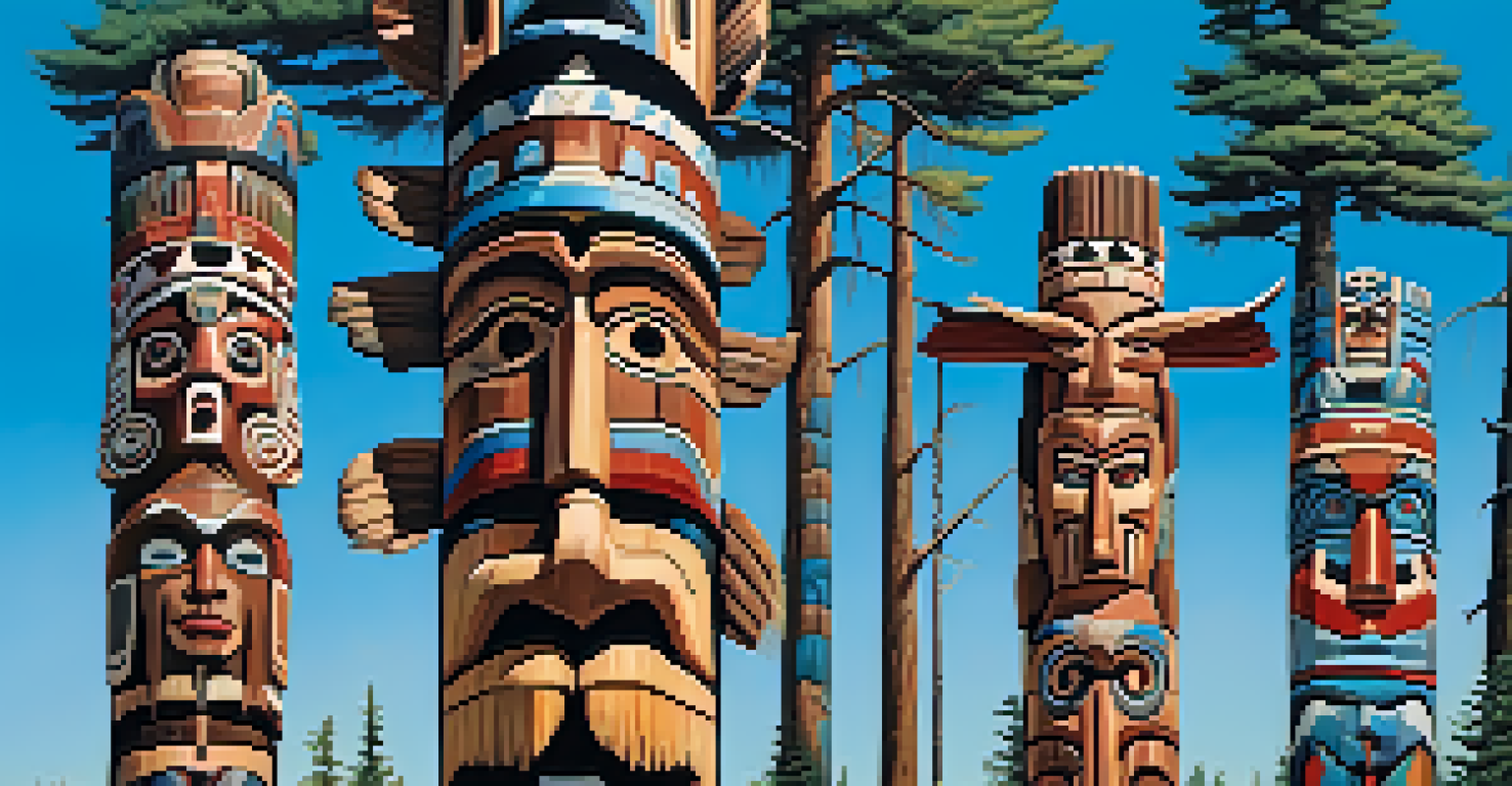 A Native American totem pole with detailed carvings in a forest setting.