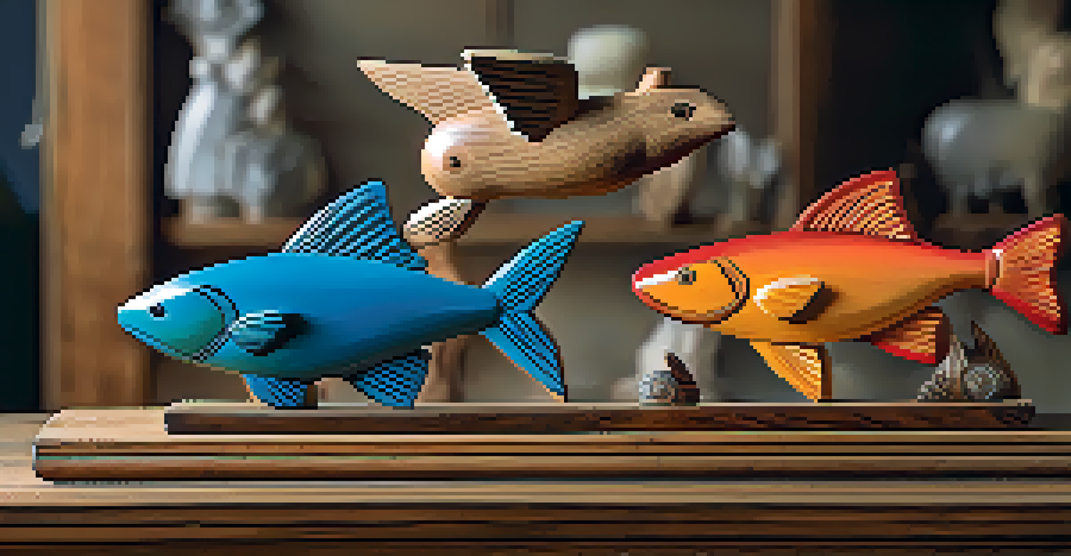 A collection of finished wooden animal figures on a shelf, showcasing different styles and colors.