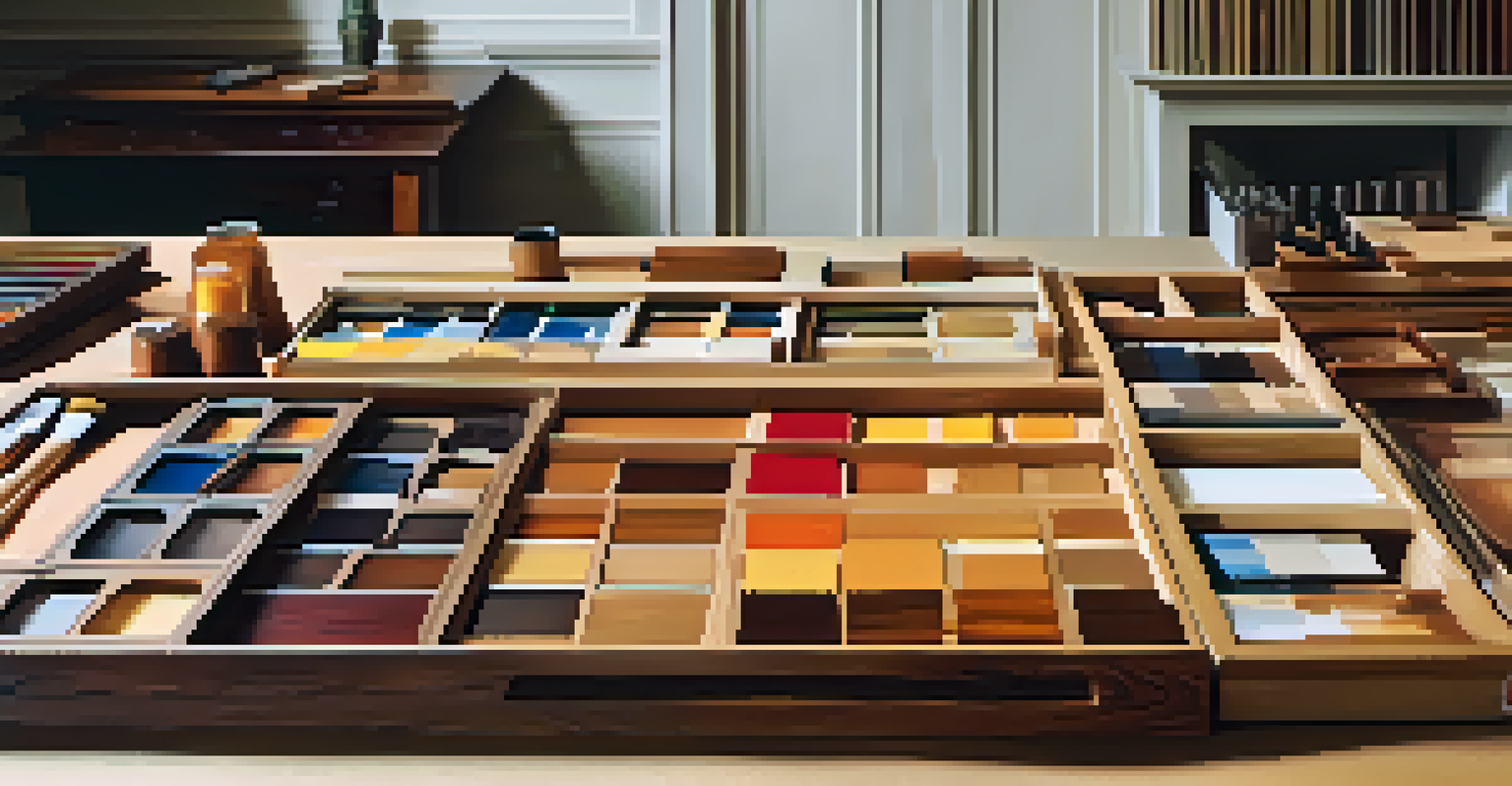 An array of wood stain samples on a workbench, showcasing different wood types and colors with brushes and finish samples.
