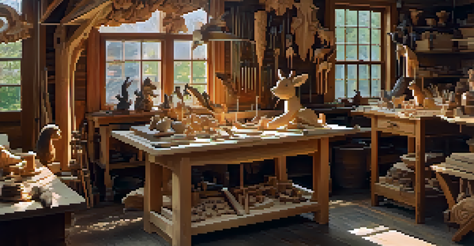 An artist in a workshop carving a wooden animal figure, surrounded by tools and wood shavings, with sunlight illuminating the scene.