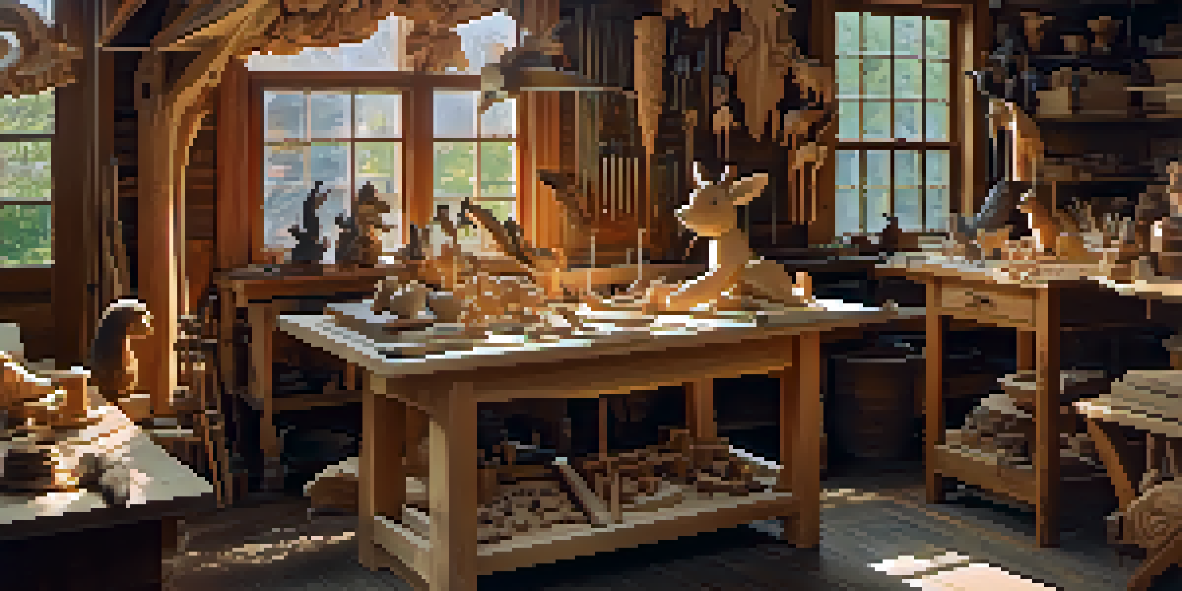 An artist in a workshop carving a wooden animal figure, surrounded by tools and wood shavings, with sunlight illuminating the scene.