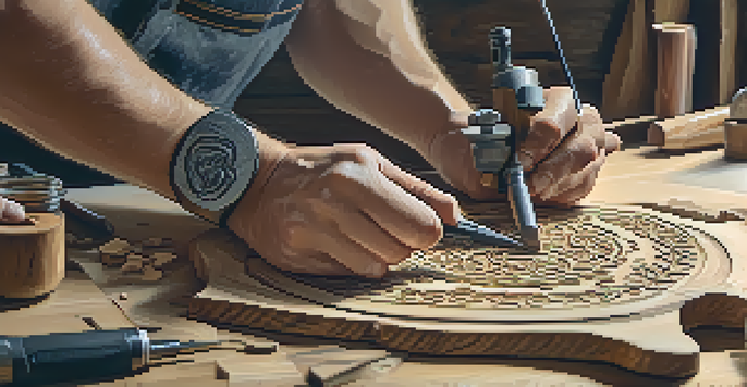 A close-up view of hands carving wood with a rotary tool, surrounded by woodworking tools and wood shavings in a well-lit workspace.