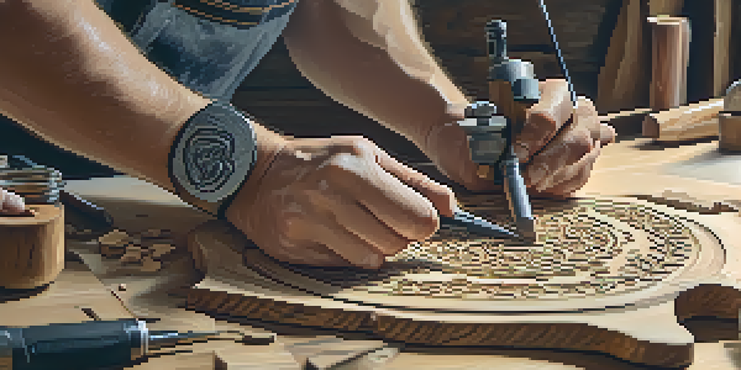 A close-up view of hands carving wood with a rotary tool, surrounded by woodworking tools and wood shavings in a well-lit workspace.