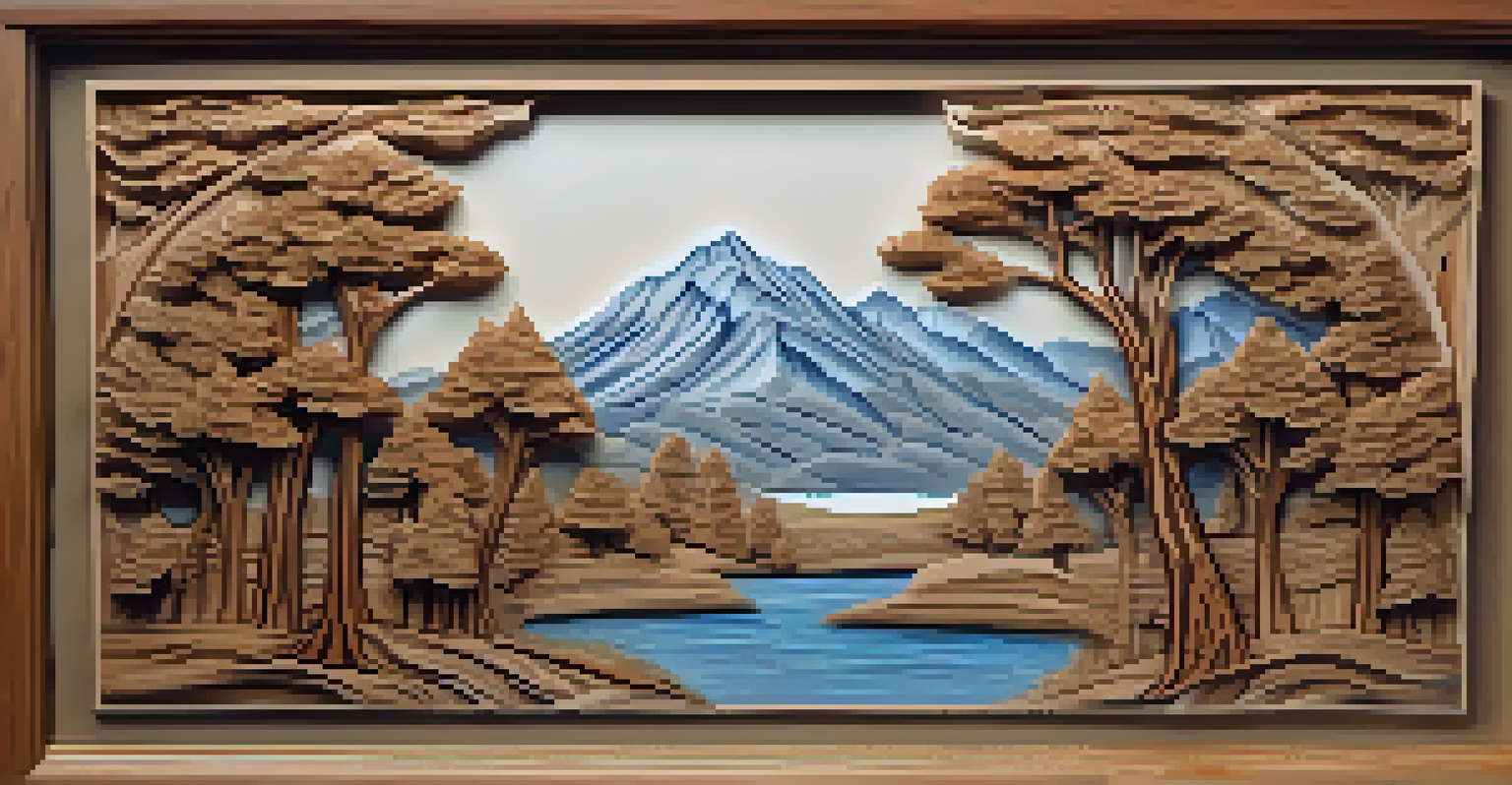 A finished relief carving of a serene landscape with mountains and trees, highlighted by soft lighting.