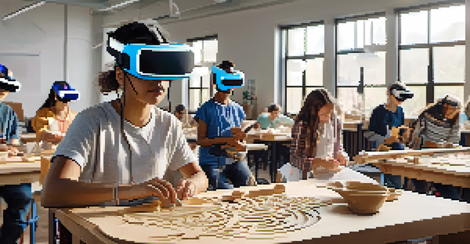 Students in a virtual reality classroom wearing VR headsets, engaged in a 3D carving workshop with colorful digital displays.