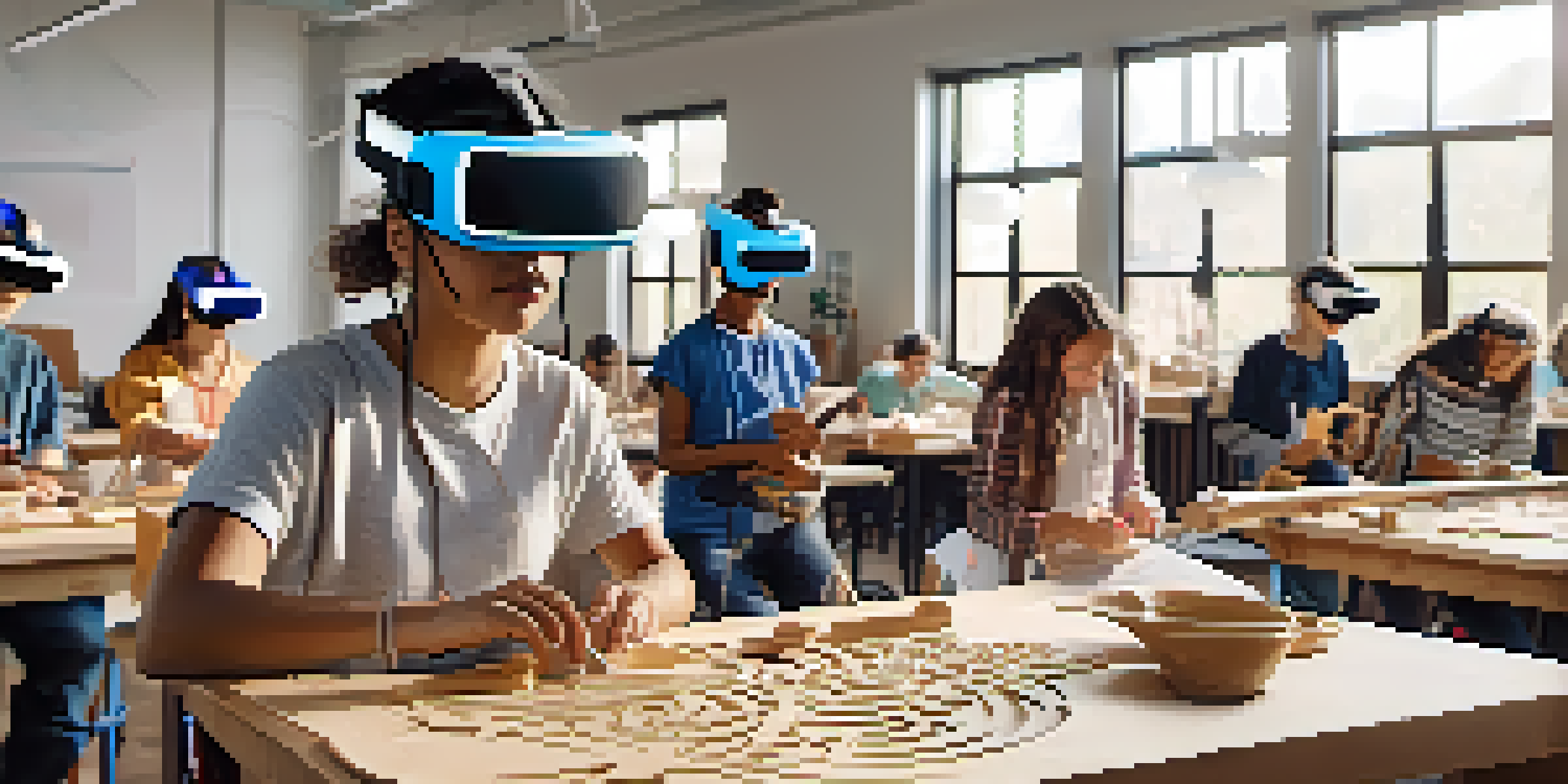 Students in a virtual reality classroom wearing VR headsets, engaged in a 3D carving workshop with colorful digital displays.