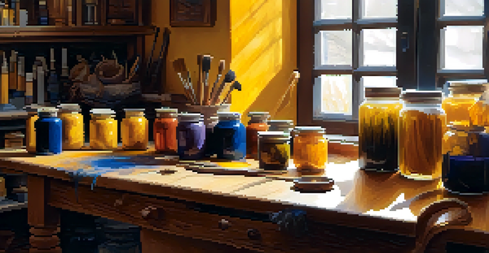 An artist's workspace with jars of natural dyes in a variety of colors, carving tools, and wood pieces illuminated by sunlight.