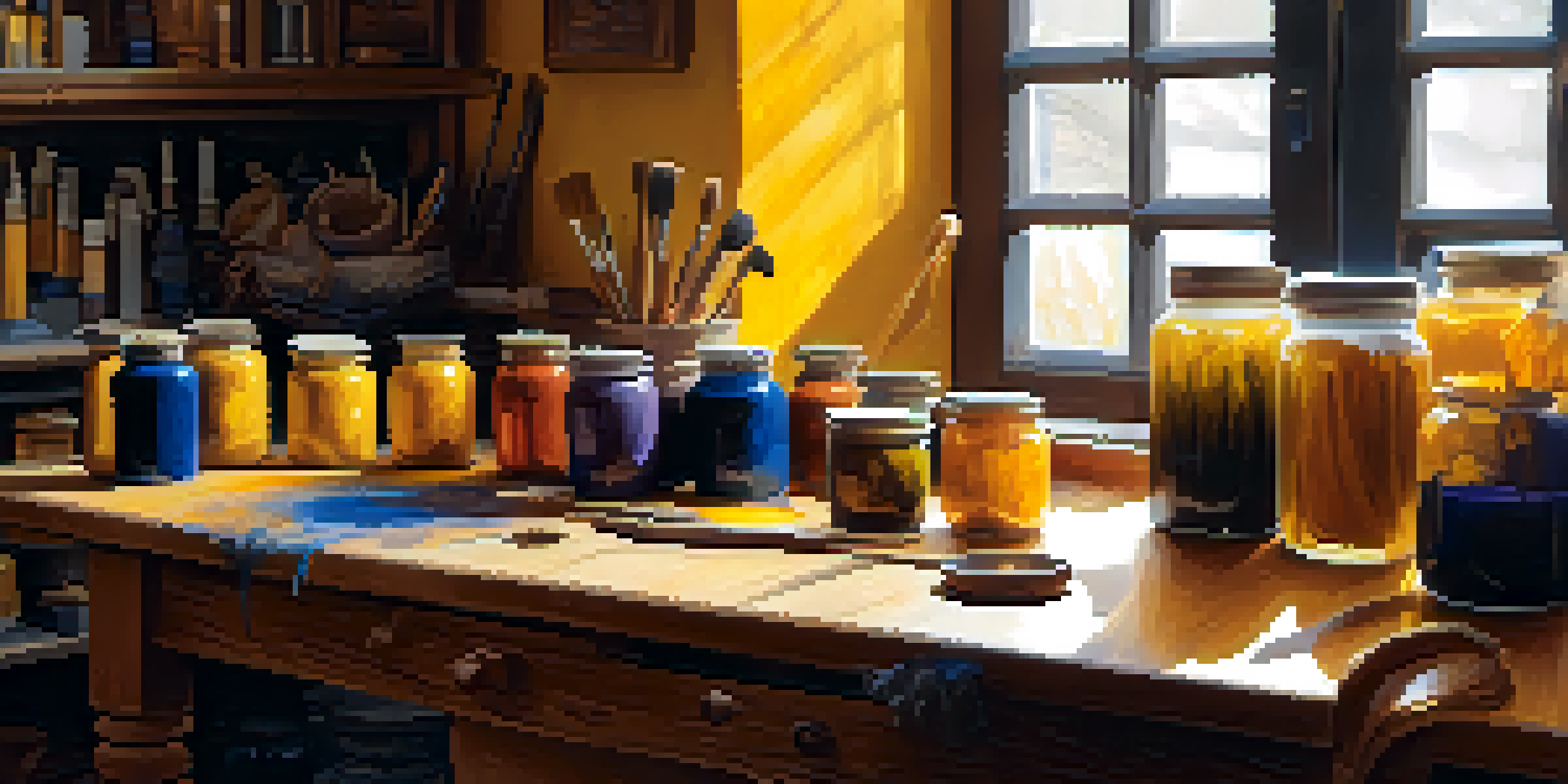 An artist's workspace with jars of natural dyes in a variety of colors, carving tools, and wood pieces illuminated by sunlight.