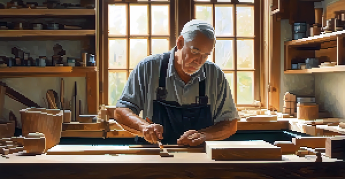 An elderly man whittling a wooden spoon at a workbench filled with carving tools, illuminated by soft natural light.