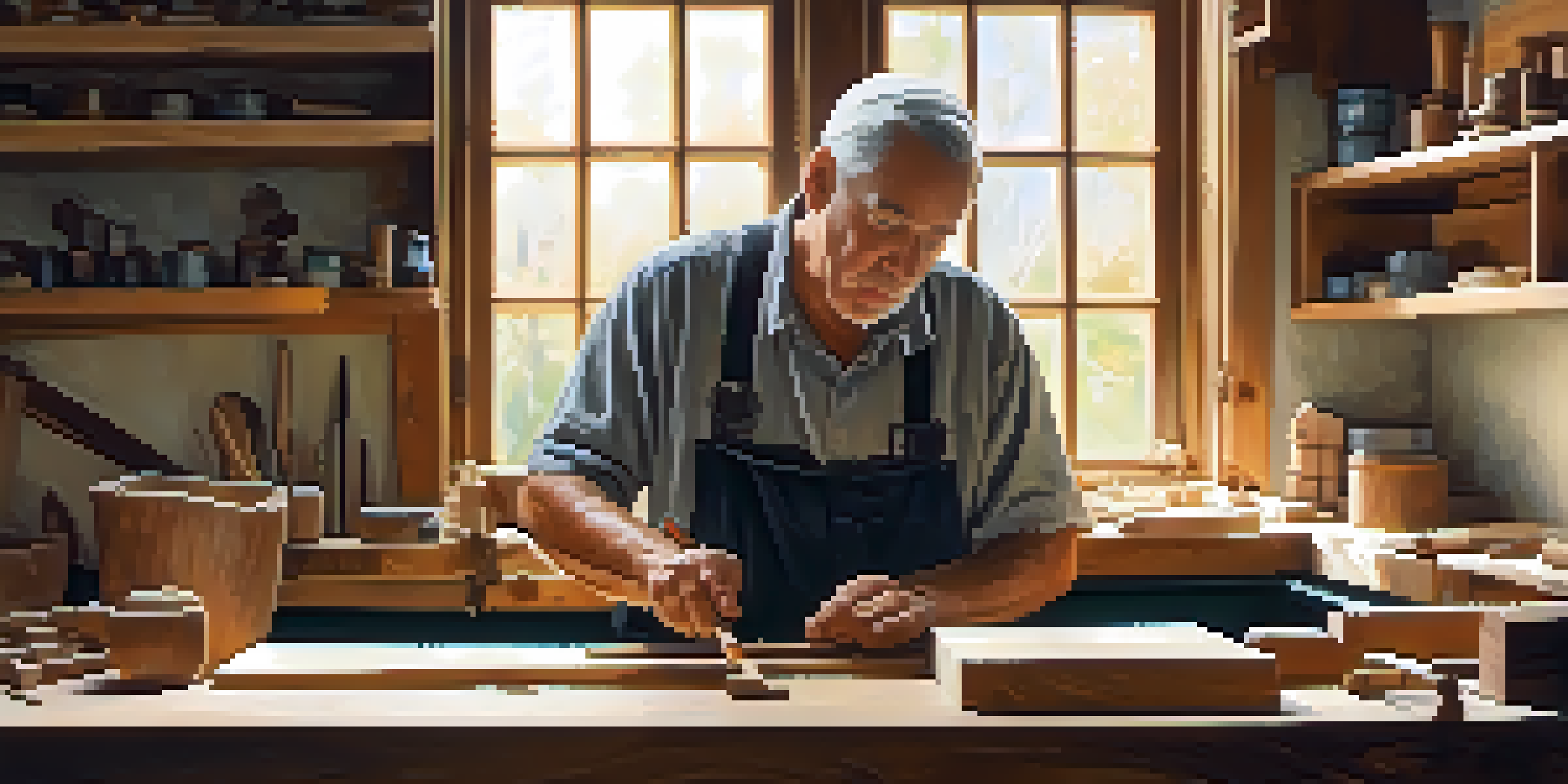 An elderly man whittling a wooden spoon at a workbench filled with carving tools, illuminated by soft natural light.