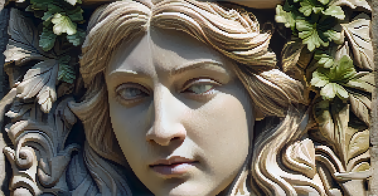 A close-up of an aged stone sculpture with intricate carvings, surrounded by greenery and softly lit.
