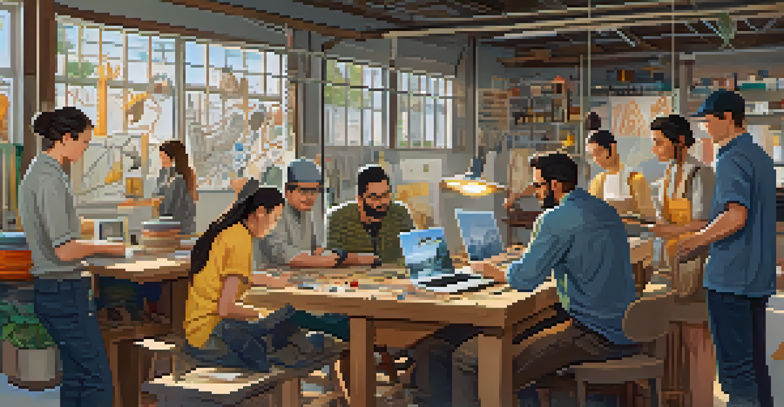 Artisans collaborating over digital designs in a modern workshop, showcasing patterns and traditional craftsmanship.