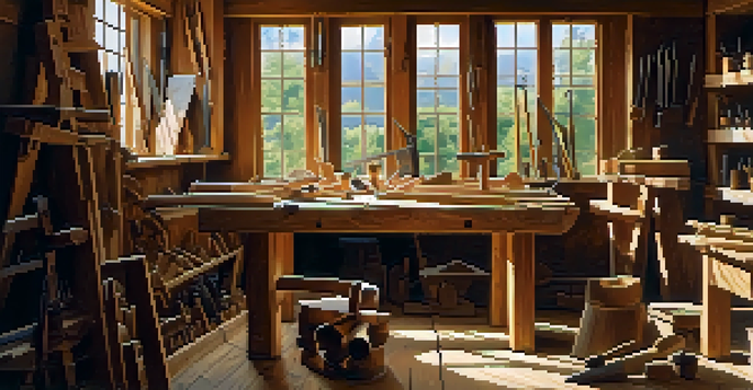 A workshop with a wooden workbench filled with hand tools and a partially carved wooden sculpture, illuminated by soft sunlight.