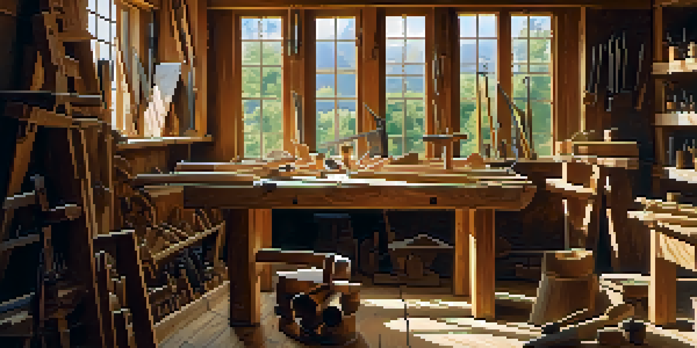 A workshop with a wooden workbench filled with hand tools and a partially carved wooden sculpture, illuminated by soft sunlight.