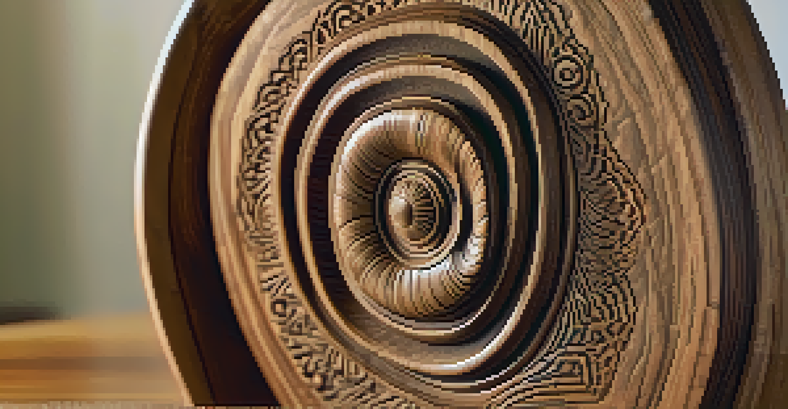 A finished wooden sculpture with intricate textures displayed on a pedestal, highlighting the detailed carving and natural wood grain.