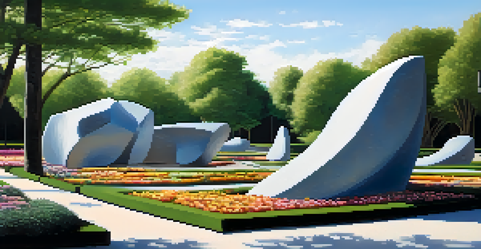 A large abstract stone sculpture in a park, surrounded by greenery and visitors admiring the installation.