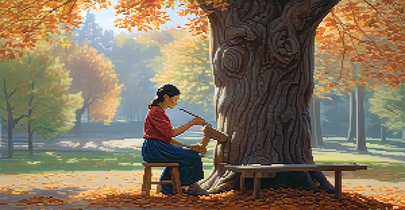 A woman carving wood outdoors, sitting under a tree with autumn leaves around her.