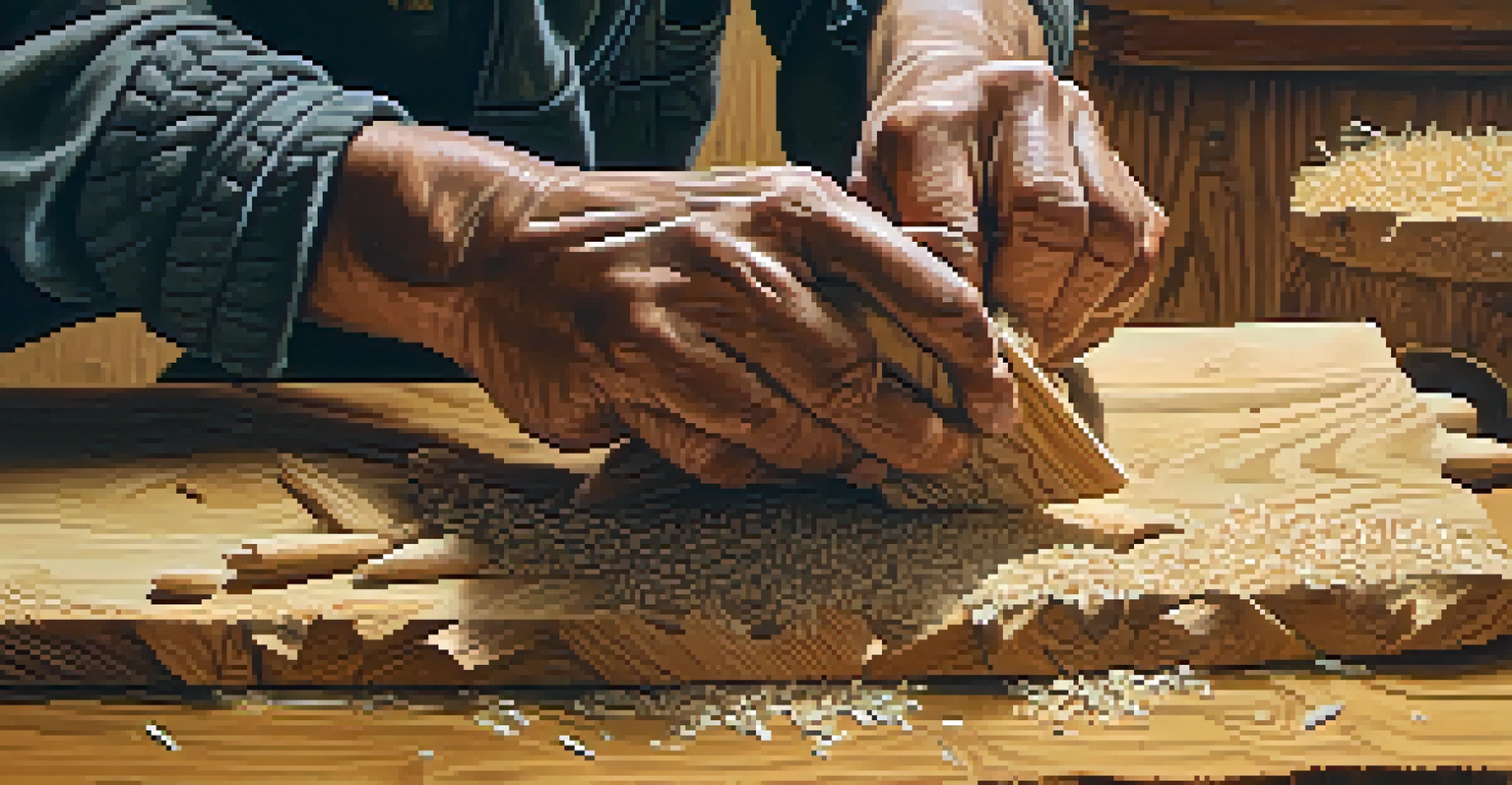 Close-up of hands chiseling wood, with visible wood grains and shavings around, illuminated by soft natural light.