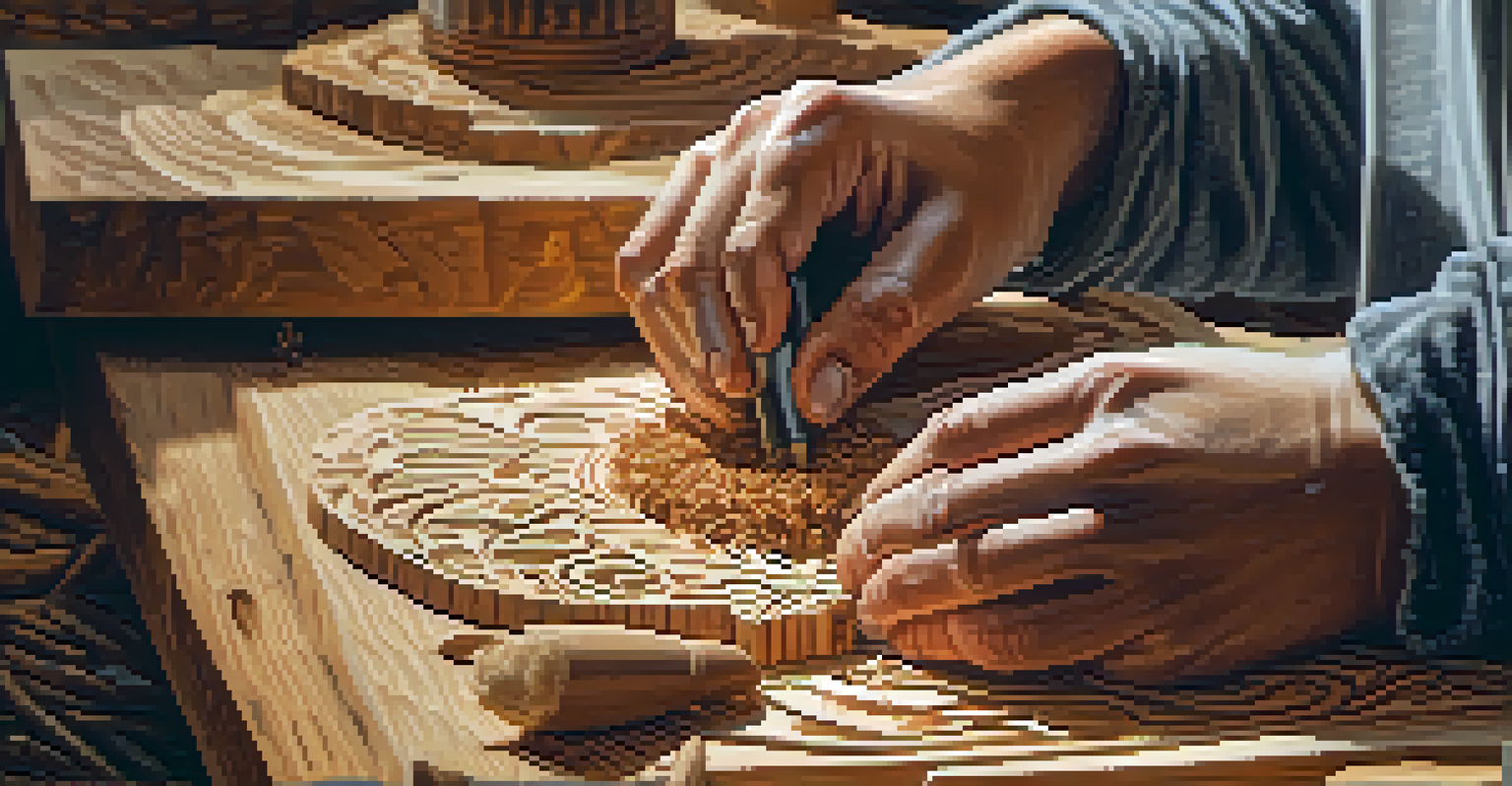Close-up of hands carving intricate designs into a wooden block with scattered wood shavings around.
