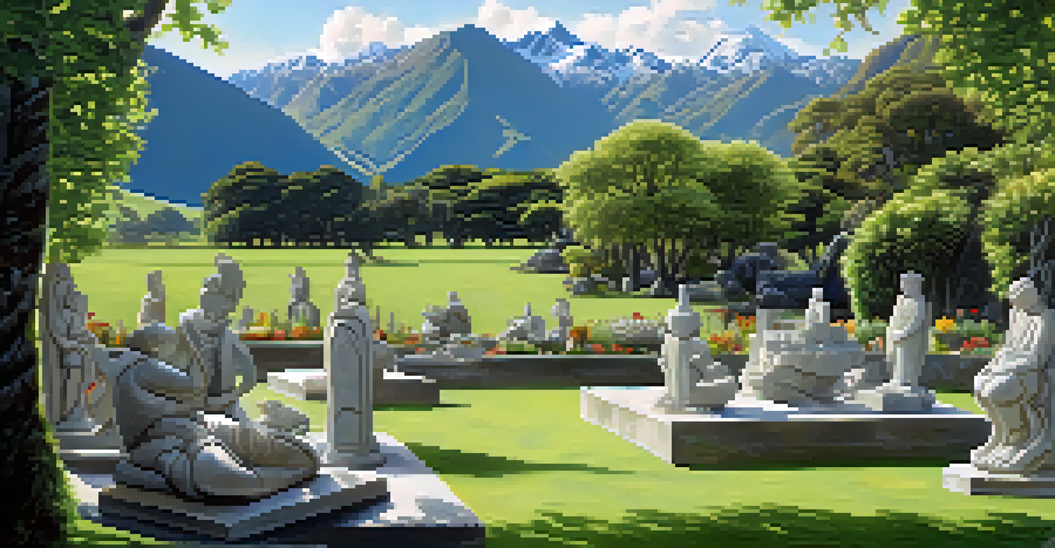 A tranquil stone carving symposium in New Zealand with artists collaborating amidst a beautiful natural landscape.