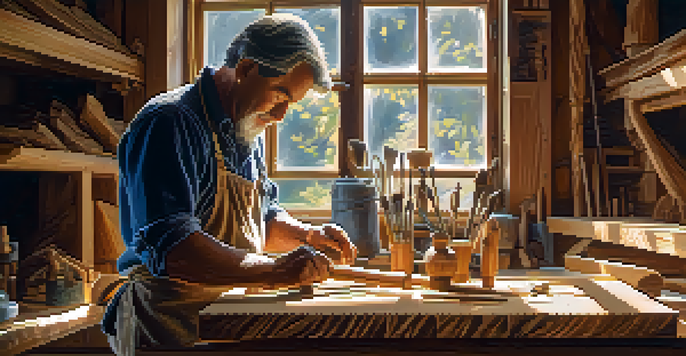 An artisan carving a wooden bird in a bright workshop, surrounded by tools and wood shavings, with sunlight streaming through a window.