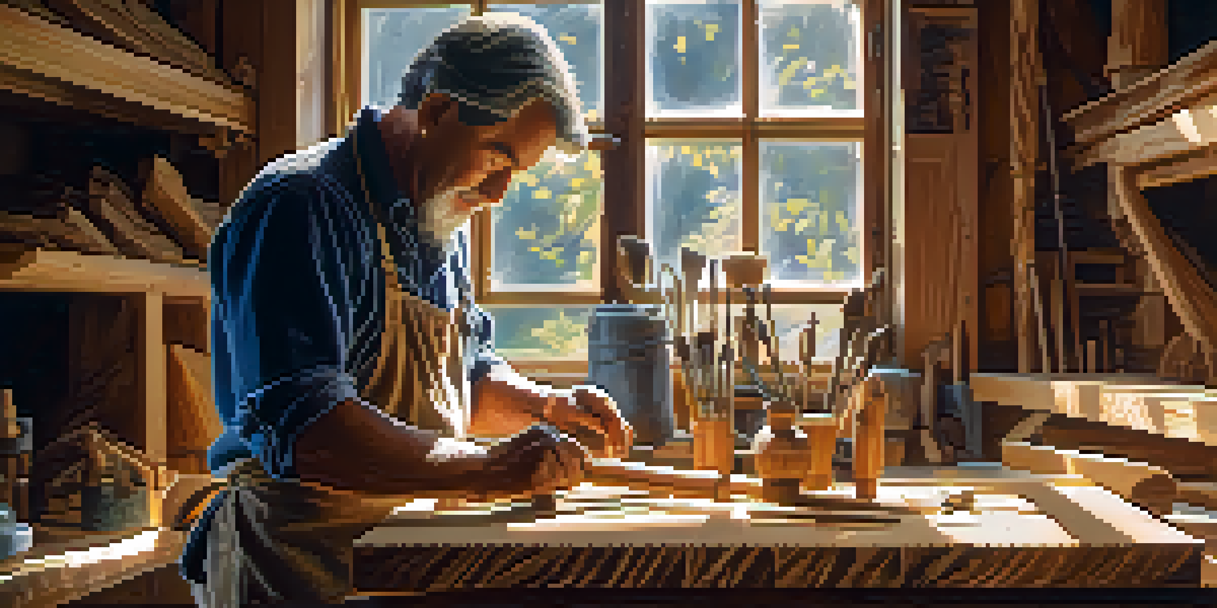 An artisan carving a wooden bird in a bright workshop, surrounded by tools and wood shavings, with sunlight streaming through a window.