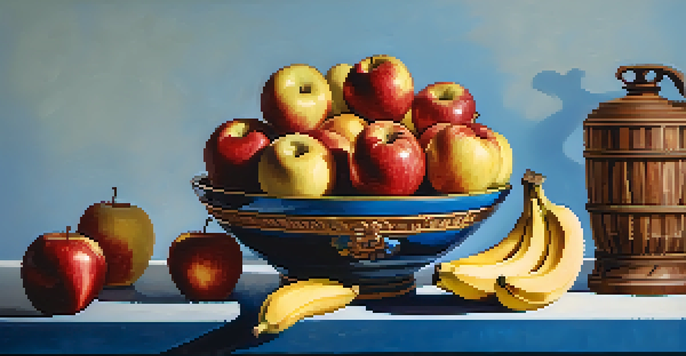 A carved wooden bowl filled with red apples and yellow bananas, set against a cool blue background, illuminated by soft natural light.