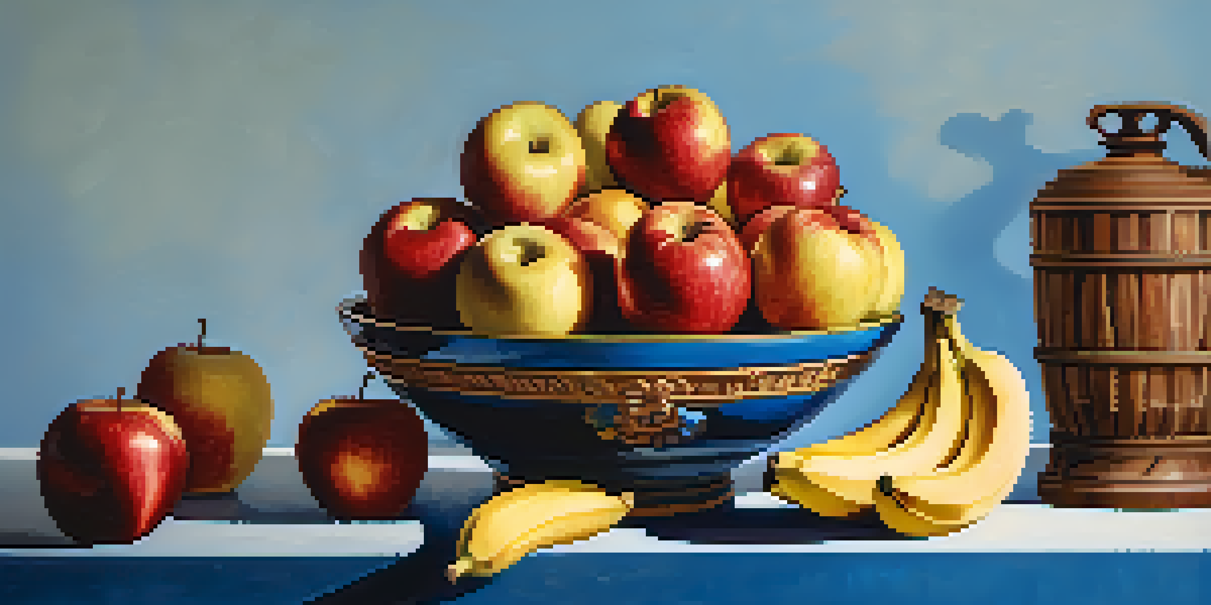 A carved wooden bowl filled with red apples and yellow bananas, set against a cool blue background, illuminated by soft natural light.