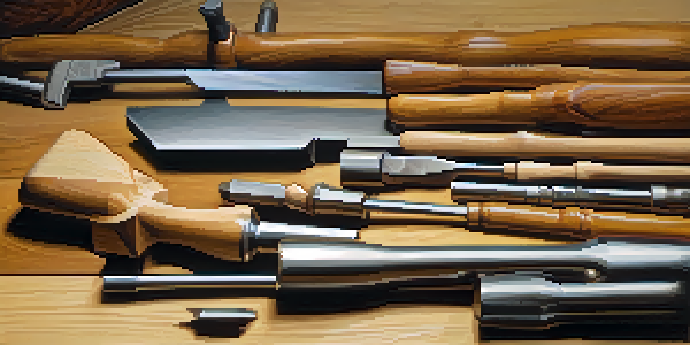 Close-up of a wooden workbench with various chisels and a carving hammer, showcasing the tools in warm lighting.