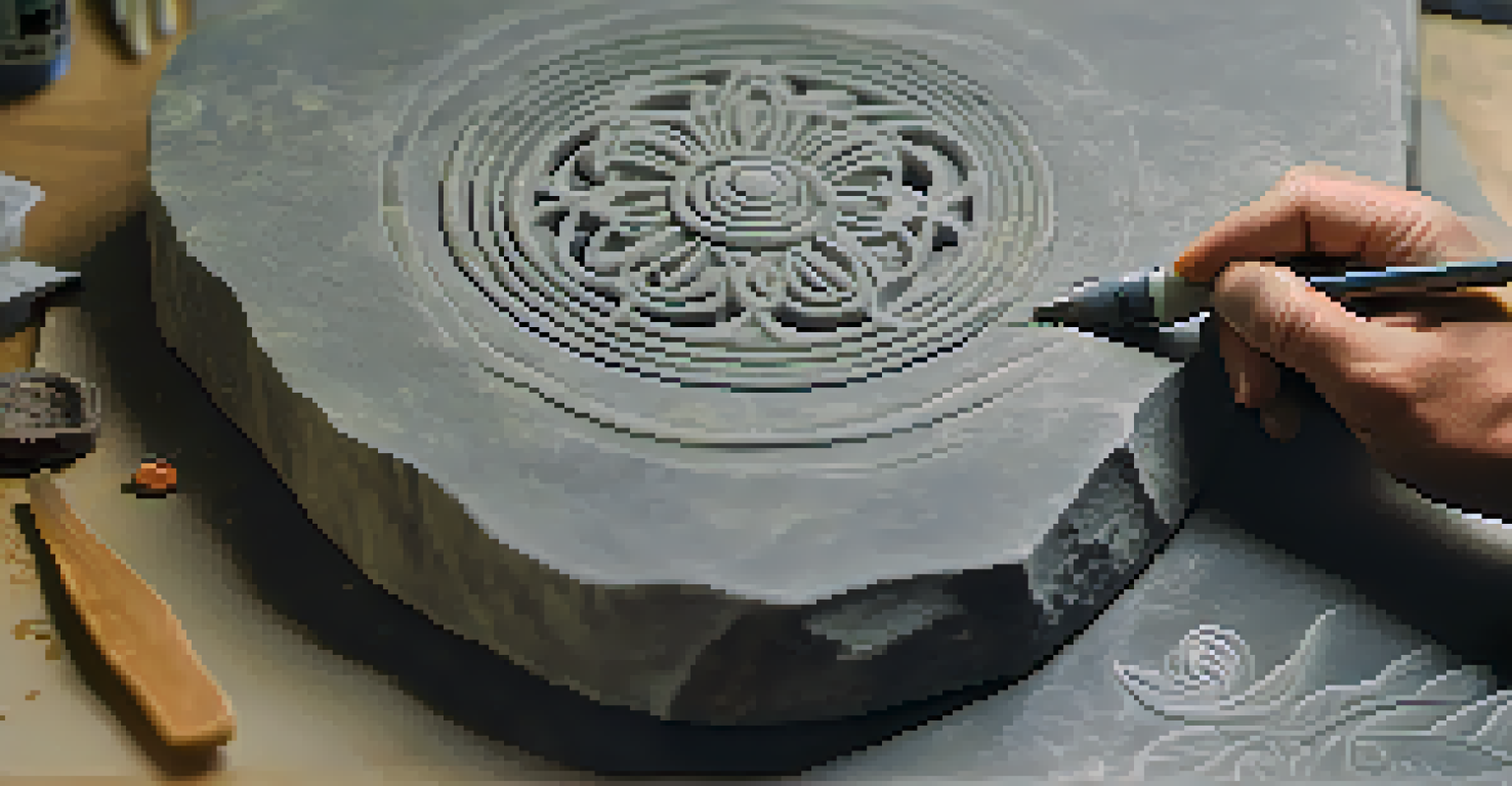 A close-up of a stone sculpture being engraved by an artisan with a rotary tool, showcasing intricate details and textures.