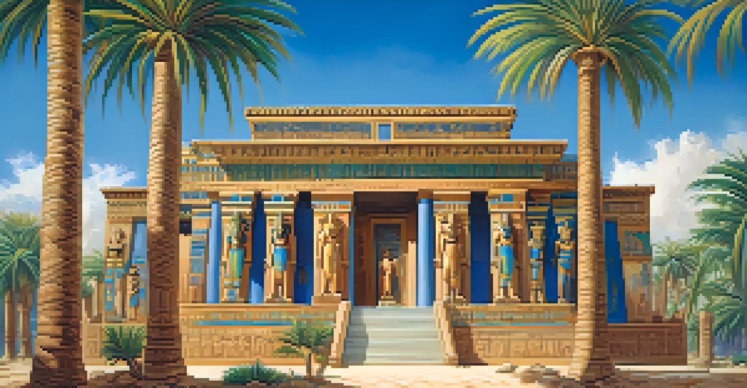 A sunlit temple facade with colorful carvings of gods and pharaohs surrounded by greenery.