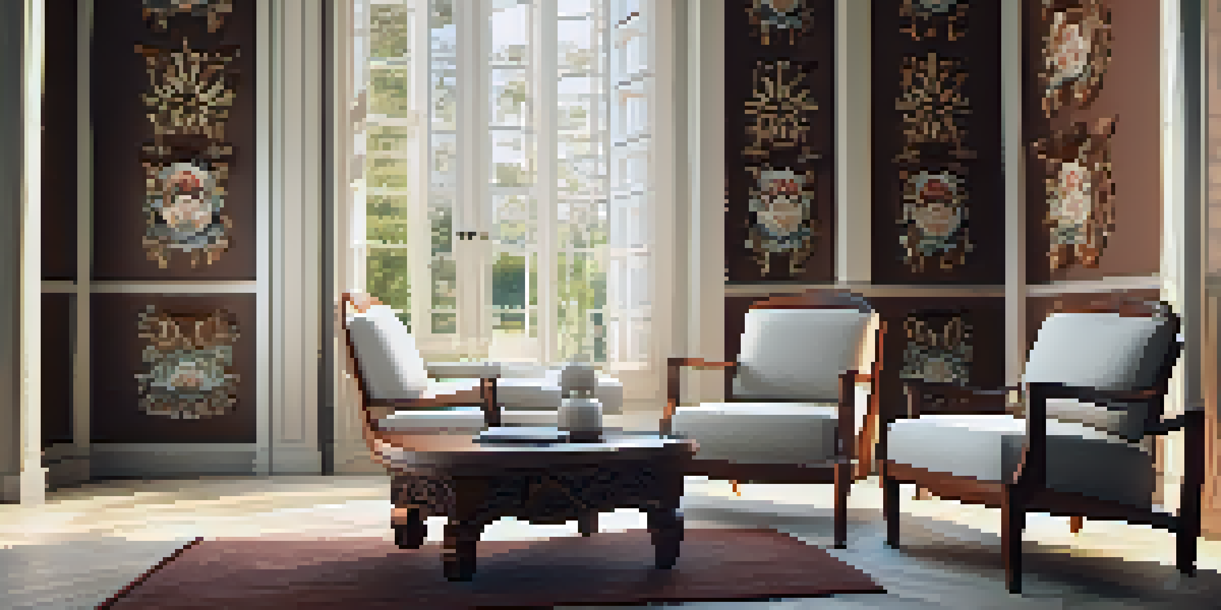 A carved wooden armchair with floral designs in a bright room, paired with a white coffee table.
