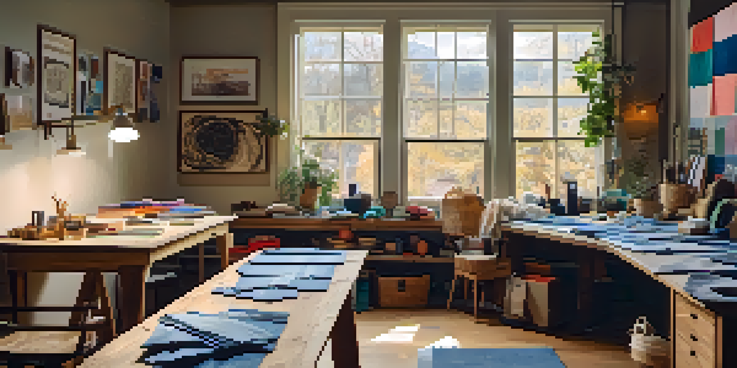 A bright workspace showcasing an array of recycled fabrics, tools for fabric carving, and a half-finished floral design project.